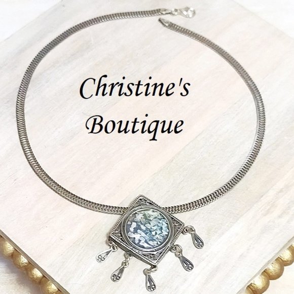 Roman glass pendant necklace filigree slide pendant on chain set in 925 sterli